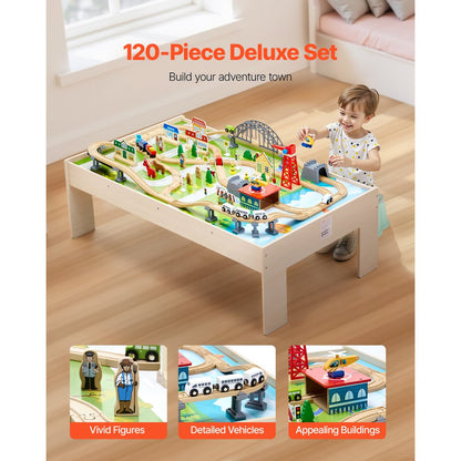Train Table 120 PCS Wooden Kids Activity Table with Folding Storage Bin
