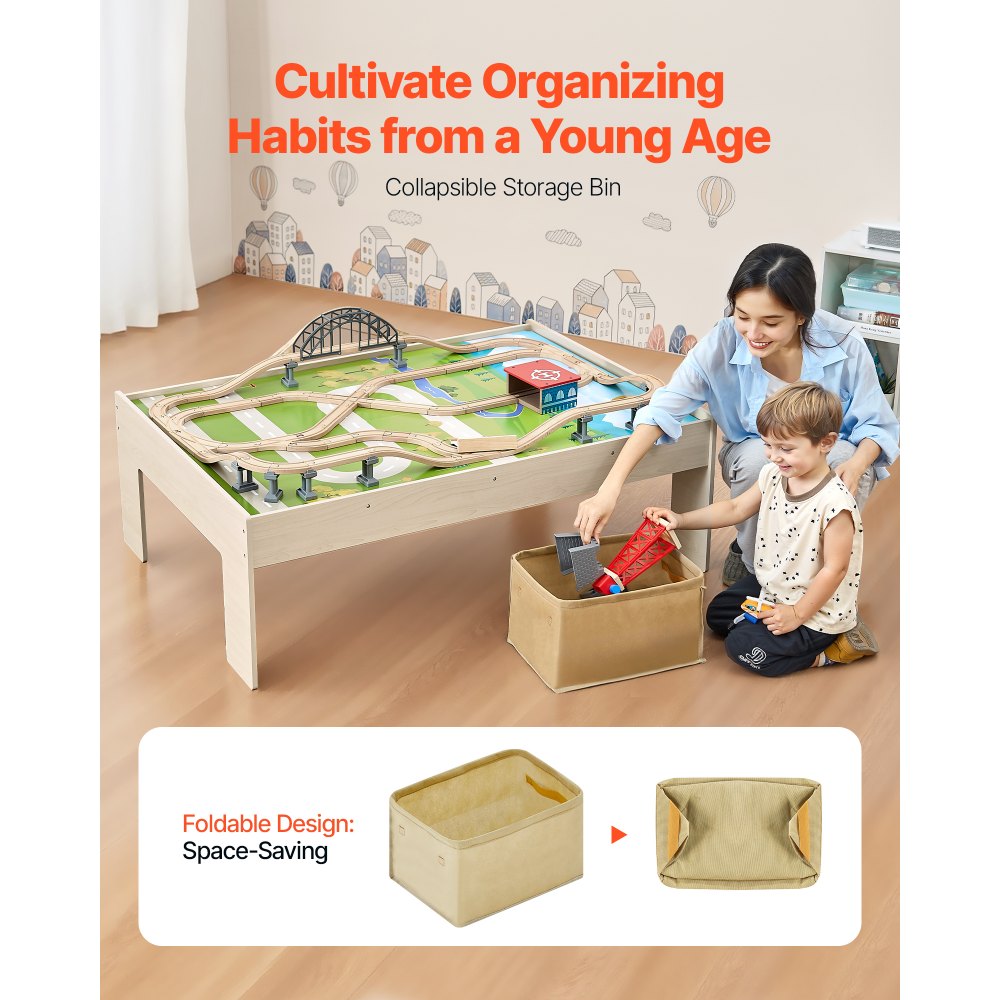 Train Table 120 PCS Wooden Kids Activity Table with Folding Storage Bin