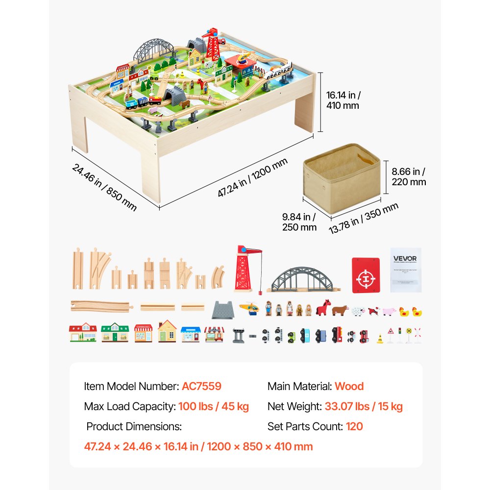Train Table 120 PCS Wooden Kids Activity Table with Folding Storage Bin
