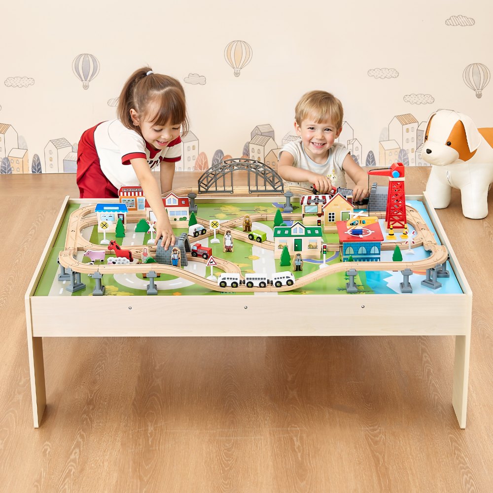 Train Table 120 PCS Wooden Kids Activity Table with Folding Storage Bin