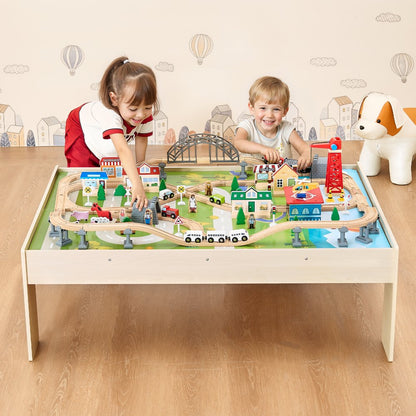 Train Table 120 PCS Wooden Kids Activity Table with Folding Storage Bin