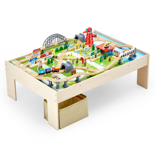 Train Table 120 PCS Wooden Kids Activity Table with Folding Storage Bin