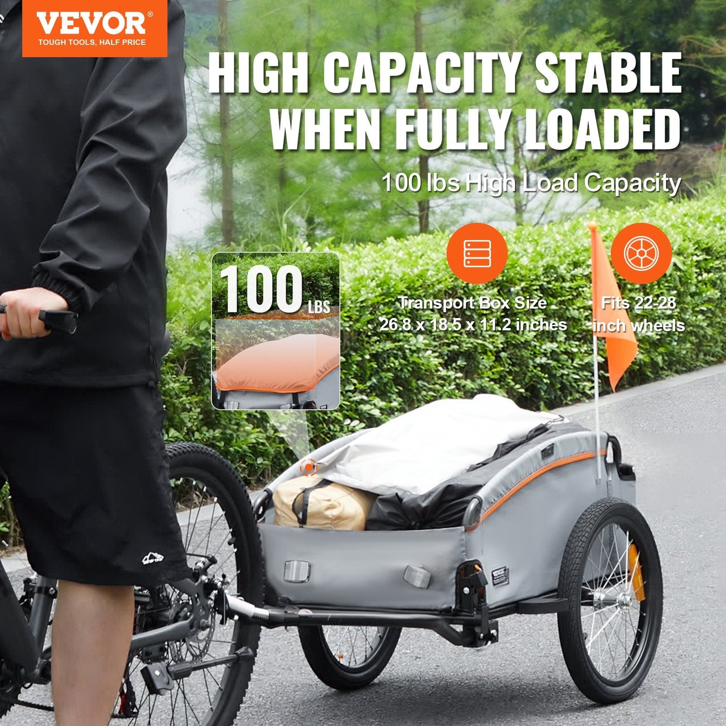 Foldable Bike Cargo Trailer, 45 kg Load, Universal Hitch, Waterproof Cover