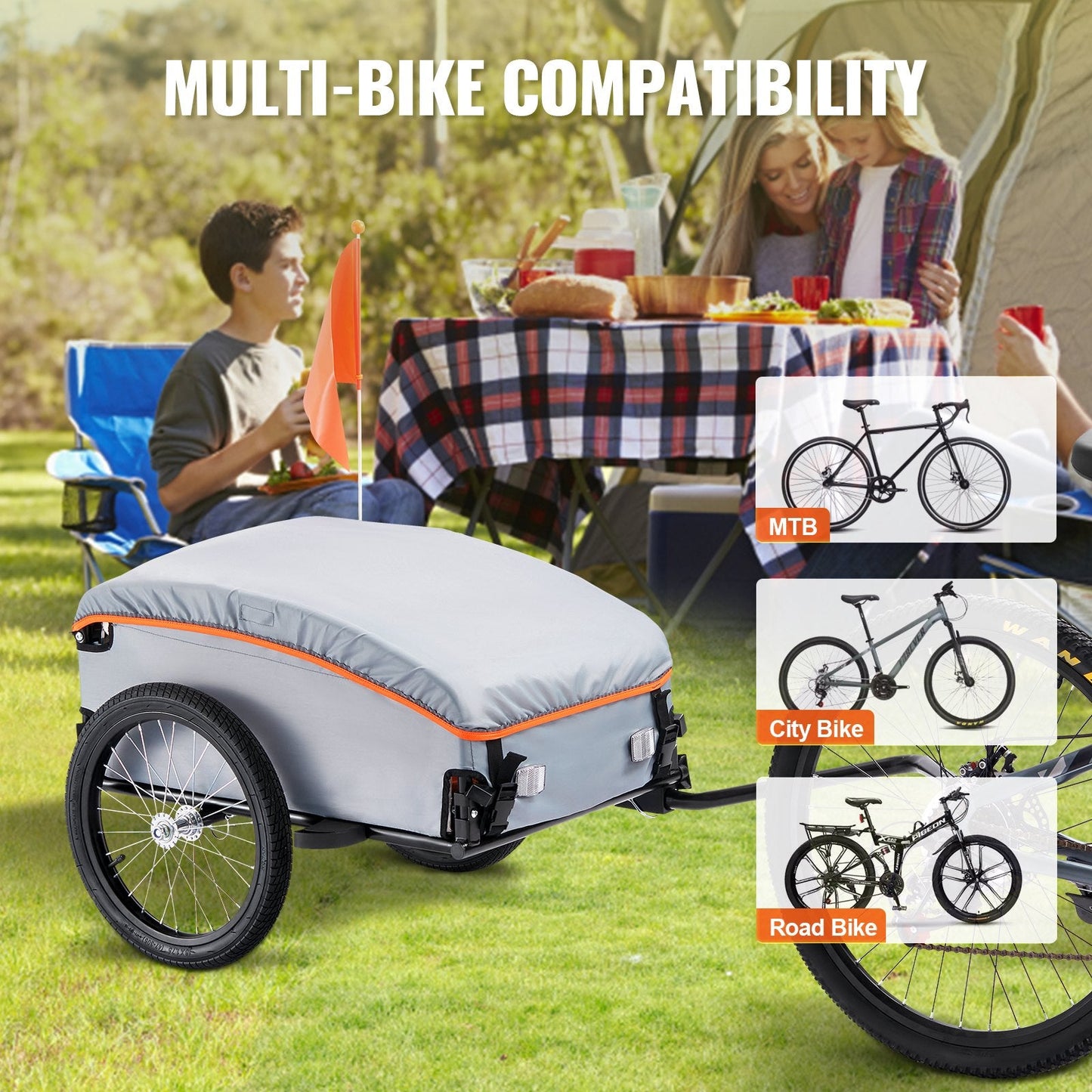 Foldable Bike Cargo Trailer, 45 kg Load, Universal Hitch, Waterproof Cover