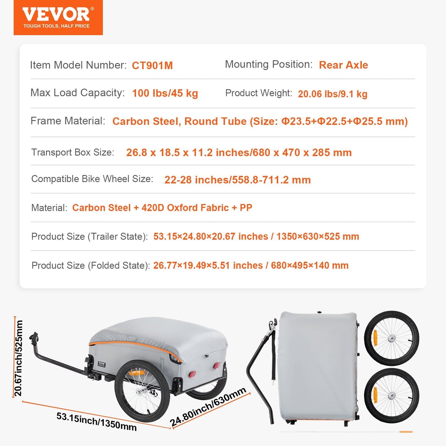 Foldable Bike Cargo Trailer, 45 kg Load, Universal Hitch, Waterproof Cover