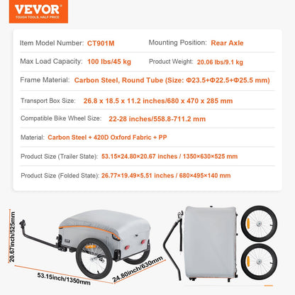 Foldable Bike Cargo Trailer, 45 kg Load, Universal Hitch, Waterproof Cover