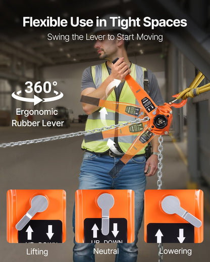 Manual Lever Chain Hoist, 1-1/2T 1500KG Capacity Heavy Duty Come Along, 6M Lift G80 Alloy Steel Chain With Dual Pawl Mechanical Brake, 360° Rotating Hooks, for Warehouse Construction Garage