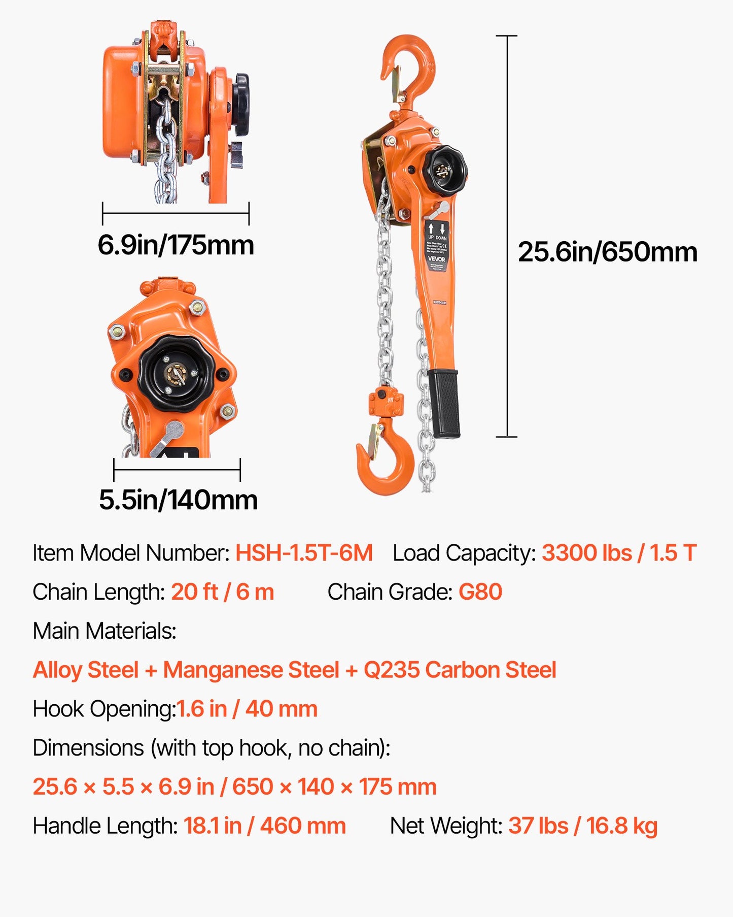 Manual Lever Chain Hoist, 1-1/2T 1500KG Capacity Heavy Duty Come Along, 6M Lift G80 Alloy Steel Chain With Dual Pawl Mechanical Brake, 360° Rotating Hooks, for Warehouse Construction Garage
