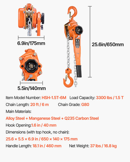 Manual Lever Chain Hoist, 1-1/2T 1500KG Capacity Heavy Duty Come Along, 6M Lift G80 Alloy Steel Chain With Dual Pawl Mechanical Brake, 360° Rotating Hooks, for Warehouse Construction Garage