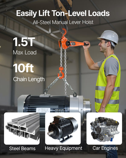 Manual Lever Chain Hoist, 1-1/2T 1500KG Capacity Heavy Duty Come Along, 3M Lift G80 Alloy Steel Chain With Dual Pawl Mechanical Brake, 360° Rotating Hooks, for Warehouse Construction Garage