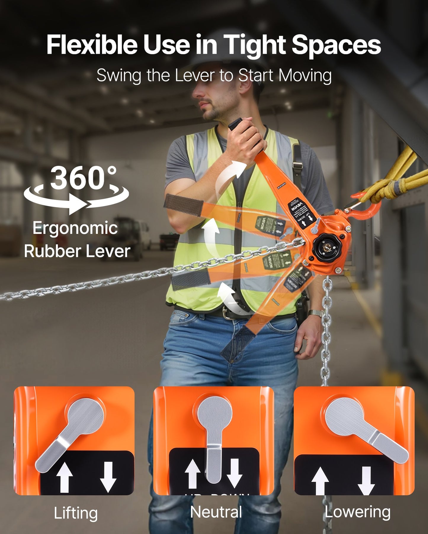 Manual Lever Chain Hoist, 1-1/2T 1500KG Capacity Heavy Duty Come Along, 3M Lift G80 Alloy Steel Chain With Dual Pawl Mechanical Brake, 360° Rotating Hooks, for Warehouse Construction Garage