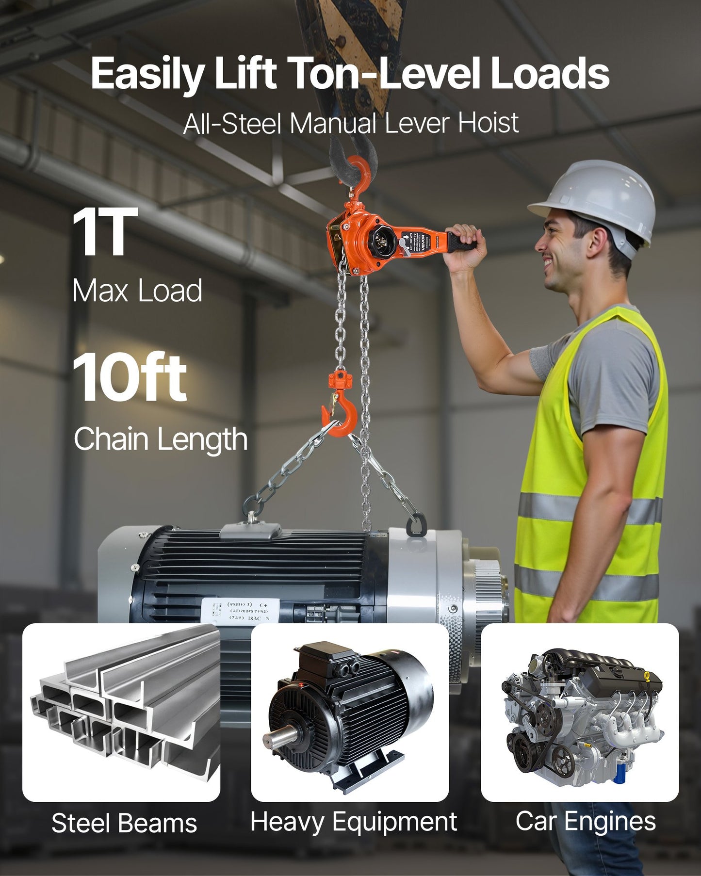 Manual Lever Chain Hoist, 1T 1000KG Capacity Heavy Duty Come Along, 3M Lift G80 Alloy Steel Chain With Dual Pawl Mechanical Brake, 360° Rotating Hooks, for Warehouse Construction Garage
