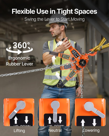 Manual Lever Chain Hoist, 1T 1000KG Capacity Heavy Duty Come Along, 3M Lift G80 Alloy Steel Chain With Dual Pawl Mechanical Brake, 360° Rotating Hooks, for Warehouse Construction Garage