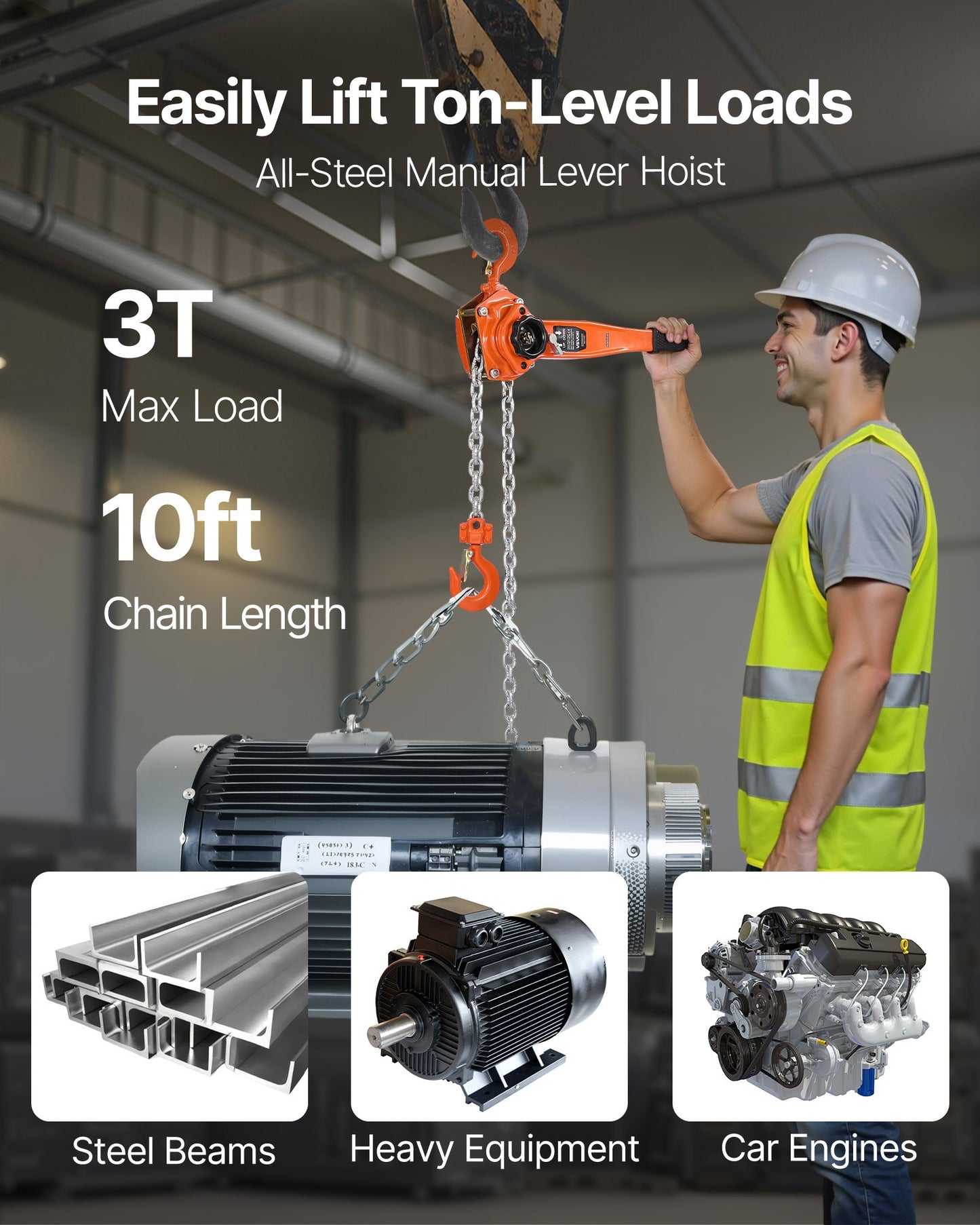 Manual Lever Chain Hoist, 3T 3000KG Capacity Heavy Duty Come Along, 3M Lift G80 Alloy Steel Chain With Dual Pawl Mechanical Brake, 360° Rotating Hooks, for Warehouse Construction Garage
