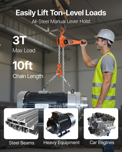 Manual Lever Chain Hoist, 3T 3000KG Capacity Heavy Duty Come Along, 3M Lift G80 Alloy Steel Chain With Dual Pawl Mechanical Brake, 360° Rotating Hooks, for Warehouse Construction Garage