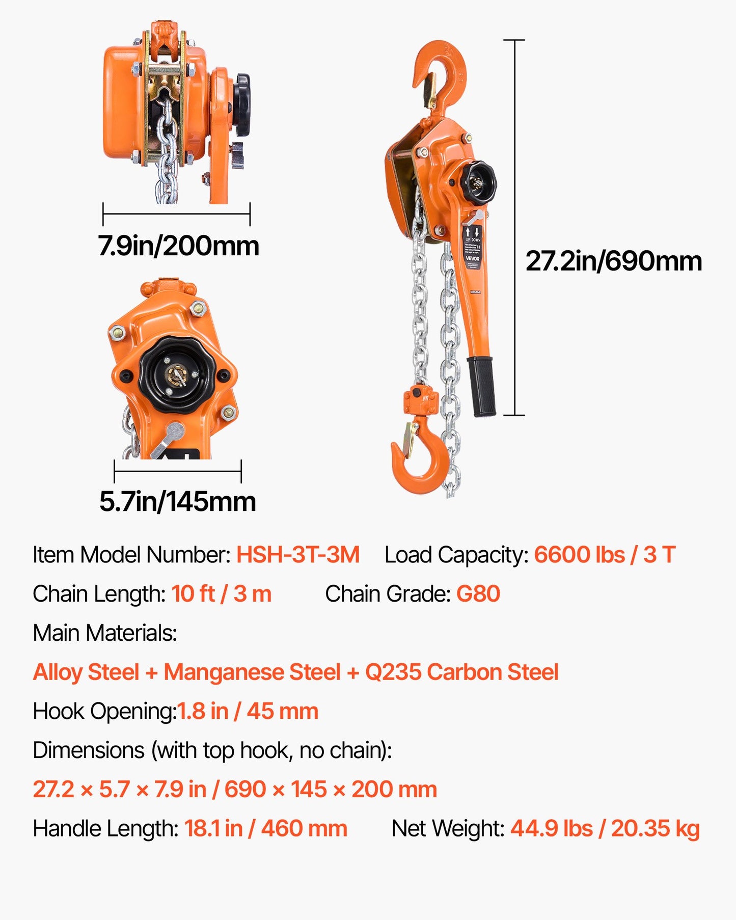 Manual Lever Chain Hoist, 3T 3000KG Capacity Heavy Duty Come Along, 3M Lift G80 Alloy Steel Chain With Dual Pawl Mechanical Brake, 360° Rotating Hooks, for Warehouse Construction Garage