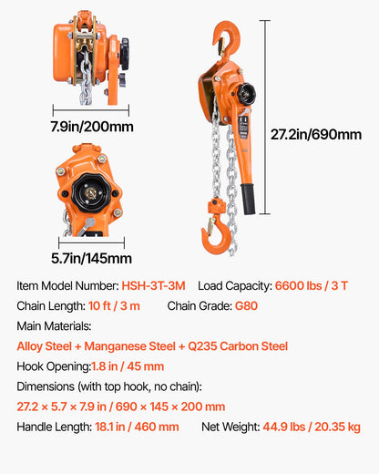 Manual Lever Chain Hoist, 3T 3000KG Capacity Heavy Duty Come Along, 3M Lift G80 Alloy Steel Chain With Dual Pawl Mechanical Brake, 360° Rotating Hooks, for Warehouse Construction Garage