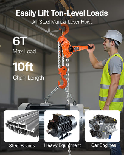 Manual Lever Chain Hoist, 6T 6000KG Capacity Heavy Duty Come Along, 3M Lift G80 Alloy Steel Chain With Dual Pawl Mechanical Brake, 360° Rotating Hooks, for Warehouse Construction Garage