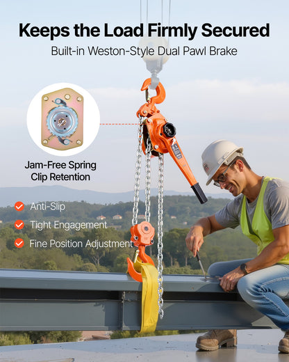 Manual Lever Chain Hoist, 6T 6000KG Capacity Heavy Duty Come Along, 3M Lift G80 Alloy Steel Chain With Dual Pawl Mechanical Brake, 360° Rotating Hooks, for Warehouse Construction Garage