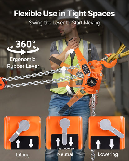 Manual Lever Chain Hoist, 6T 6000KG Capacity Heavy Duty Come Along, 3M Lift G80 Alloy Steel Chain With Dual Pawl Mechanical Brake, 360° Rotating Hooks, for Warehouse Construction Garage