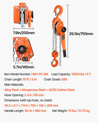 Manual Lever Chain Hoist, 6T 6000KG Capacity Heavy Duty Come Along, 3M Lift G80 Alloy Steel Chain With Dual Pawl Mechanical Brake, 360° Rotating Hooks, for Warehouse Construction Garage