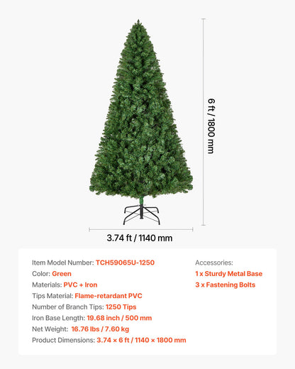 Christmas Tree, 1.8m Artificial Xmas Tree, Full Holiday Decor Trees with 1250 Branch Tips & Sturdy Metal Base for Home Party Office Decoration