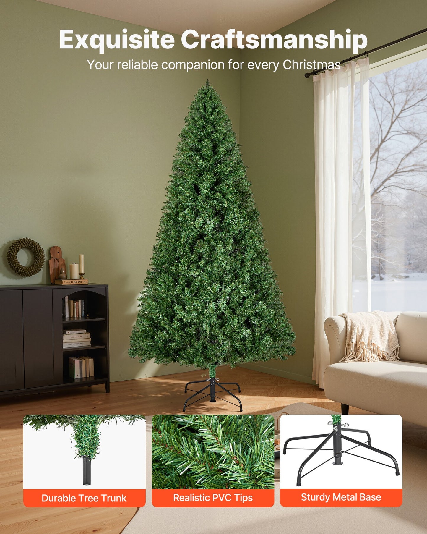 Christmas Tree, 2.2m Artificial Xmas Tree, Full Holiday Decor Trees with 1346 Branch Tips & Sturdy Metal Base for Home Party Office Decoration