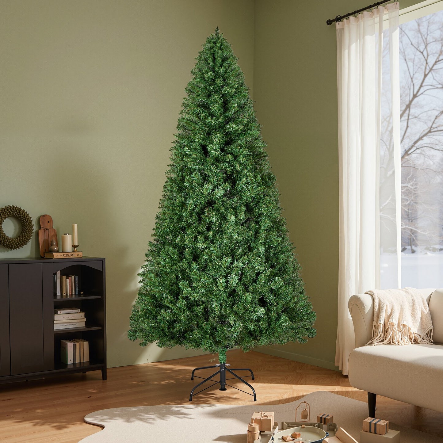 Christmas Tree, 2.2m Artificial Xmas Tree, Full Holiday Decor Trees with 1346 Branch Tips & Sturdy Metal Base for Home Party Office Decoration