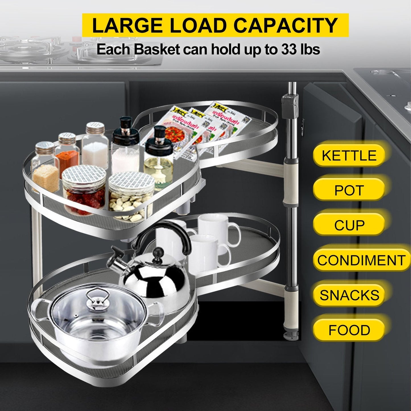 Corner Cabinet Pullout Organizer, 2-Tier, Left-Hand Open, 15 kg Load Capacity