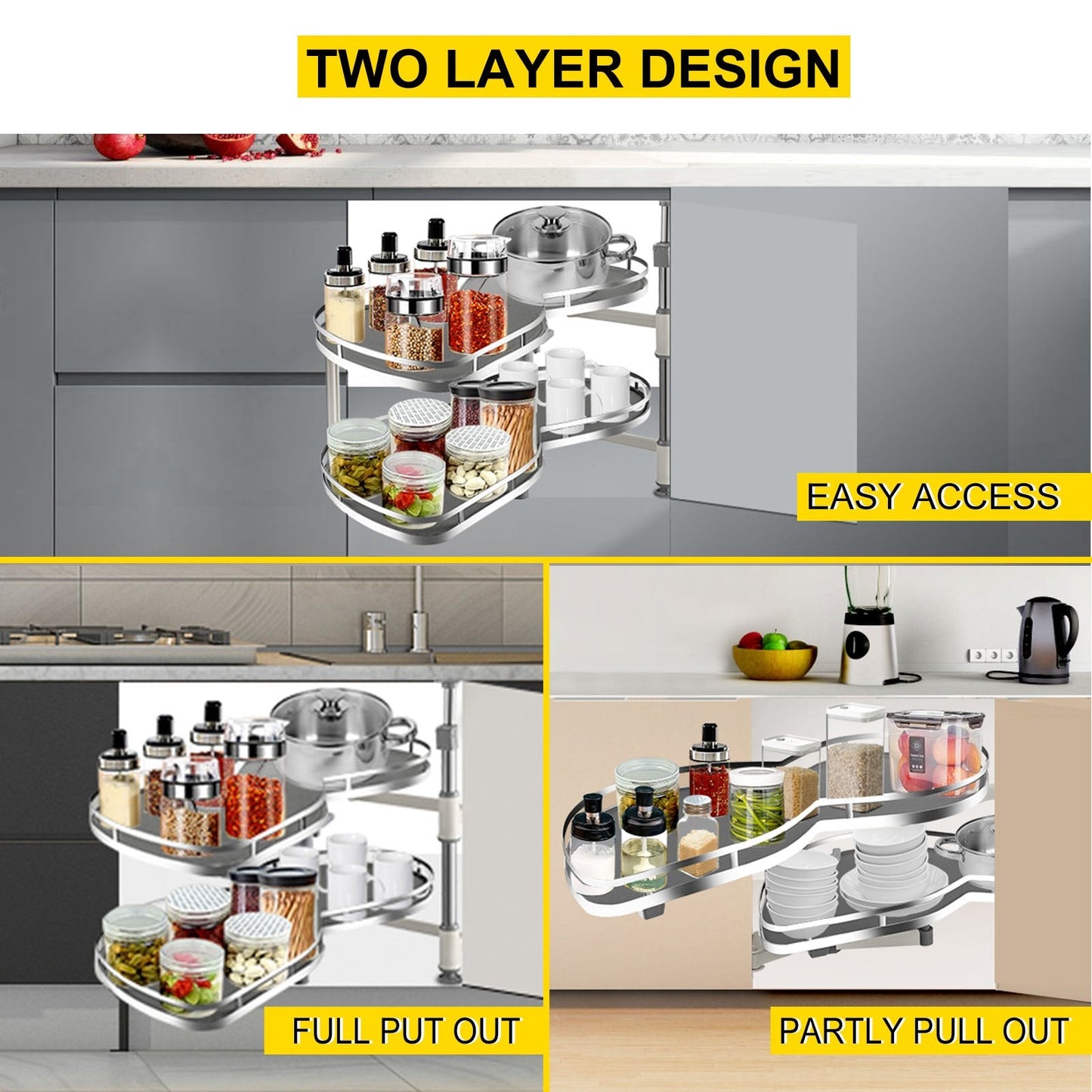 Corner Cabinet Pullout Organizer, 2-Tier, Left-Hand Open, 15 kg Load Capacity
