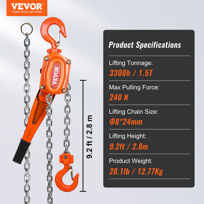 VEVOR Manual Lever Chain Hoist, 1-1/2 Ton 3300 lbs Capacity 10 FT Come Along, G80