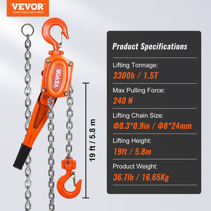 Manual Lever Chain Hoist, 1.5 Ton Capacity, 5.8 m Lift, 16.65 kg, G80 Steel