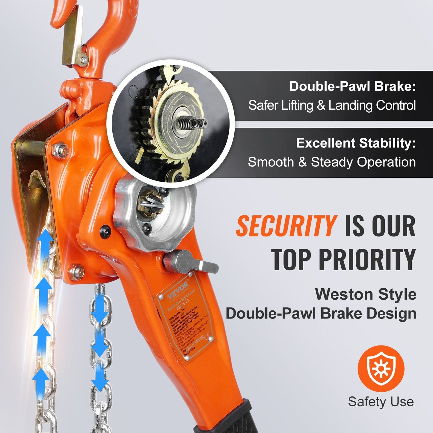 Manual Lever Chain Hoist, 0.75 Ton Capacity, 2.8 m Lift, G80 Steel, 360° Rotation