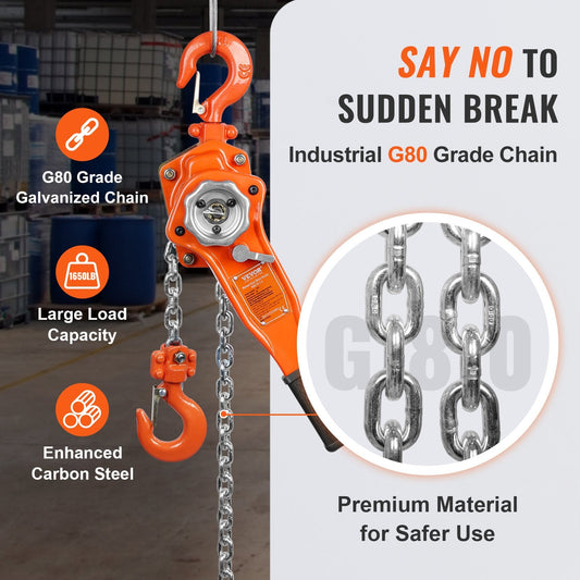 Manual Lever Chain Hoist, 0.75 Ton Capacity, 2.8 m Lift, G80 Steel, 360° Rotation