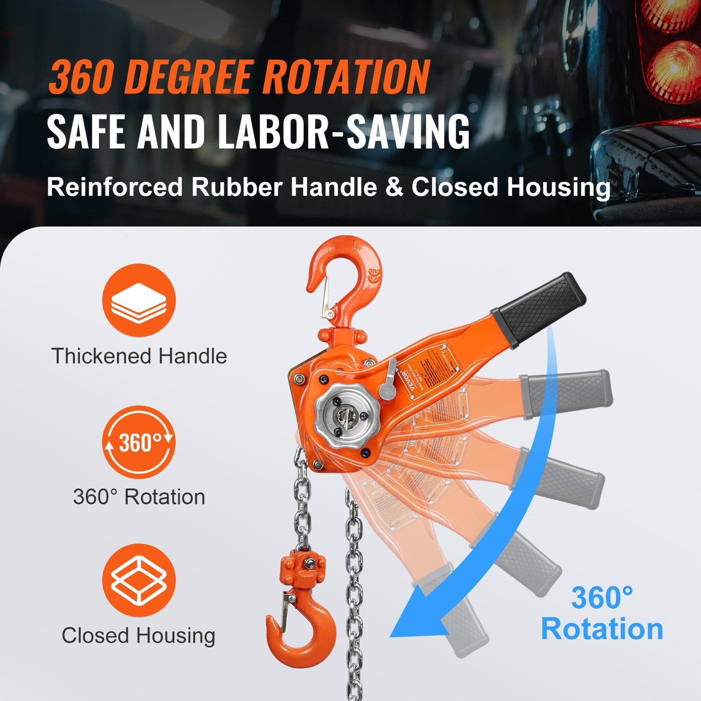 Manual Lever Chain Hoist, 0.75 Ton Capacity, 2.8 m Lift, G80 Steel, 360° Rotation