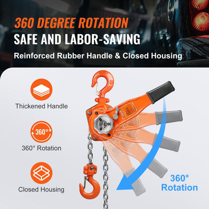 Manual Lever Chain Hoist, 0.75 Ton Capacity, 2.8 m Lift, G80 Steel, 360° Rotation