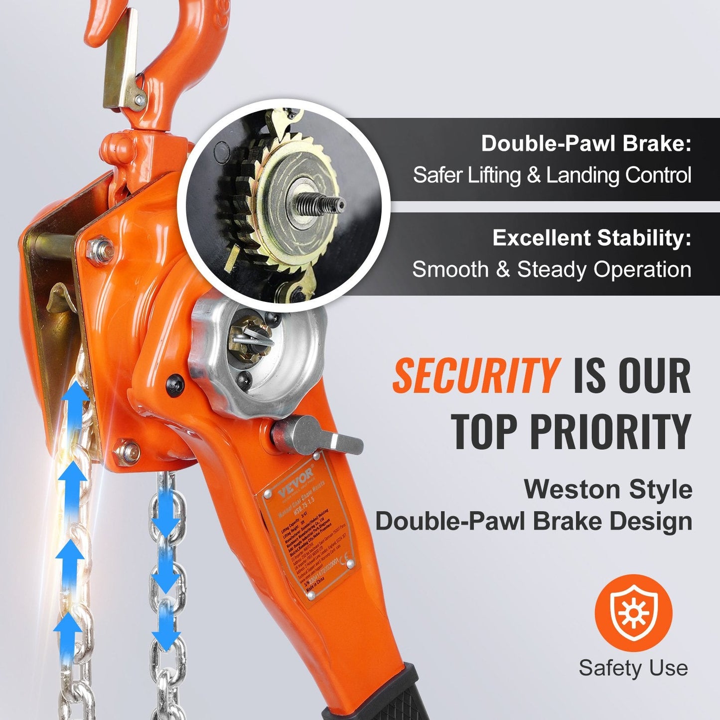 Manual Lever Chain Hoist, 0.75 Ton Capacity, 1.4 m Lift, G80 Steel, 360° Hook