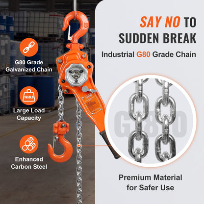 Manual Lever Chain Hoist, 0.75 Ton Capacity, 1.4 m Lift, G80 Steel, 360° Hook