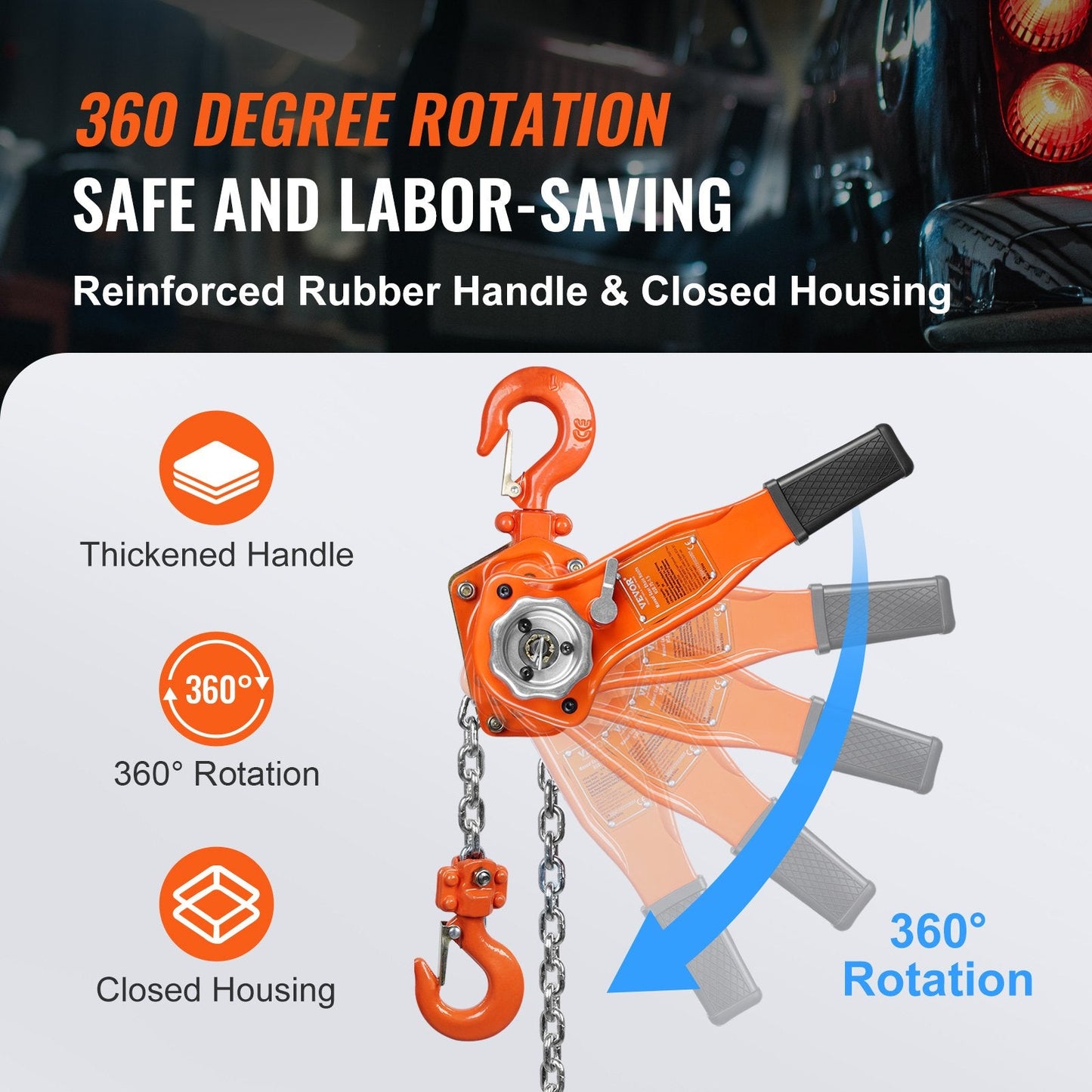 Manual Lever Chain Hoist, 0.75 Ton Capacity, 1.4 m Lift, G80 Steel, 360° Hook