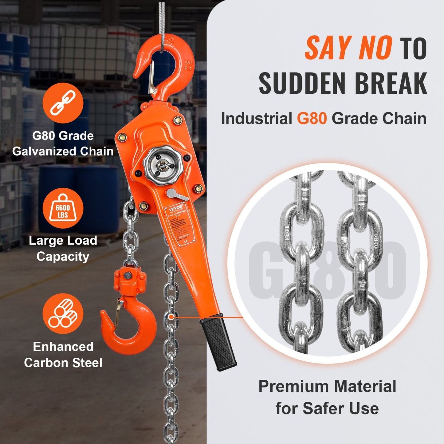 Manual Lever Chain Hoist, 3 Ton Capacity, 2.8 m Lift, G80 Steel, 360° Rotating Hook