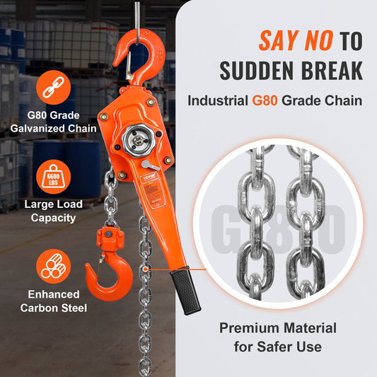 Manual Lever Chain Hoist, 3 Ton Capacity, 2.8 m Lift, G80 Steel, 360° Rotating Hook
