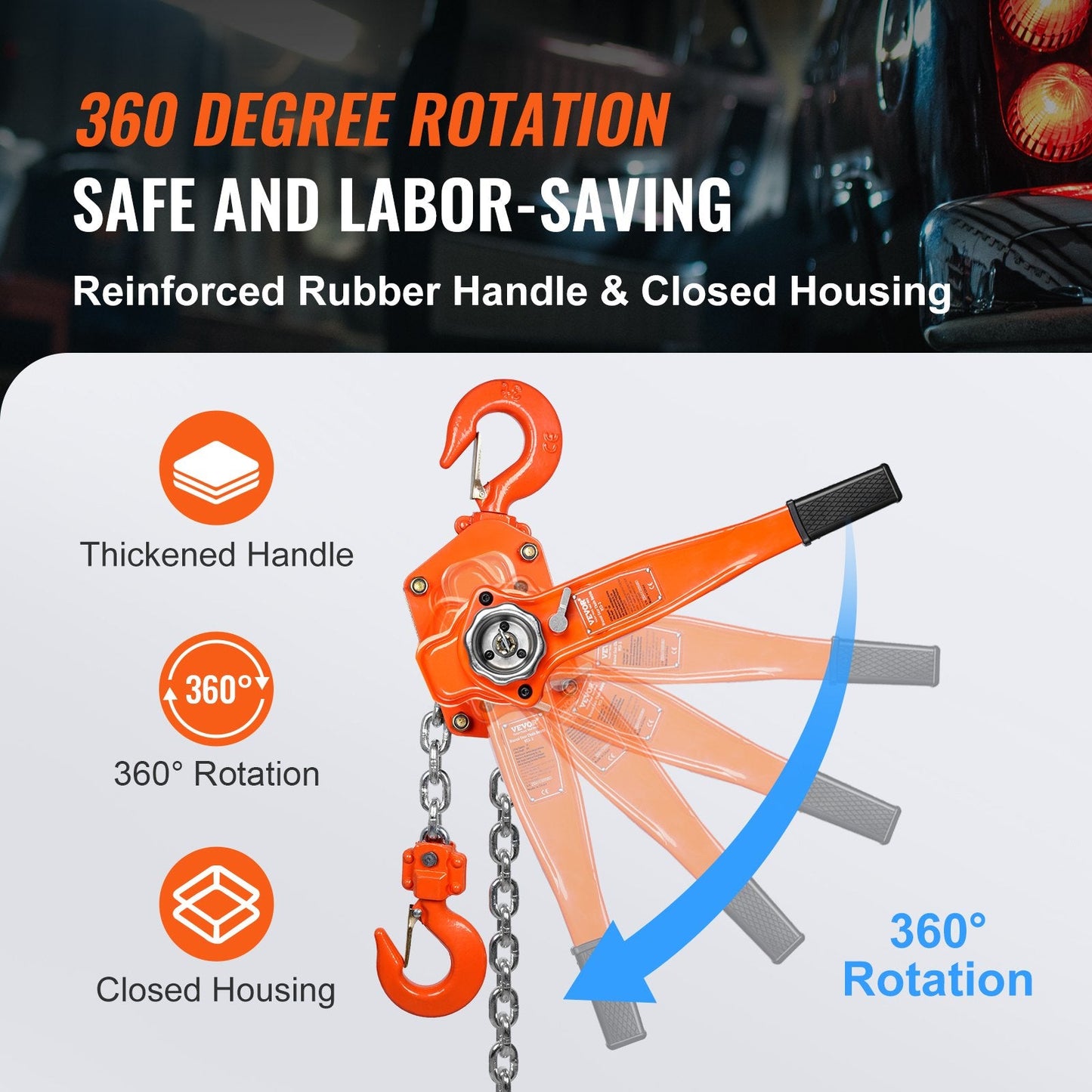 Manual Lever Chain Hoist, 3 Ton Capacity, 2.8 m Lift, G80 Steel, 360° Rotating Hook