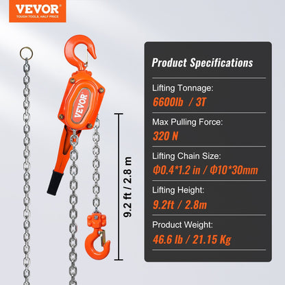 Manual Lever Chain Hoist, 3 Ton Capacity, 2.8 m Lift, G80 Steel, 360° Rotating Hook