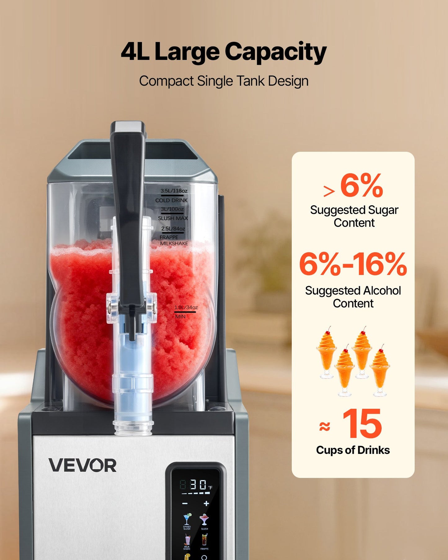 Slushie Machine, 4L/135oz No Ice Needed Slushy Machine for Home, Frozen Drink Maker with Single Tank, Margarita Machine with Self-Cleaning, for Frozen Margaritas, Frappés, Milkshake & More
