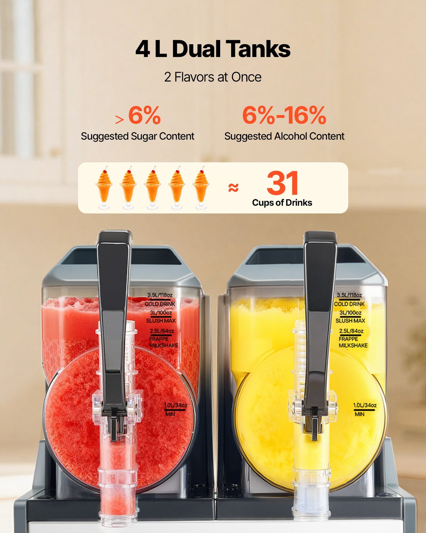 Slushie Machine, 4L/135oz x 2 Tank Slushy Machine for Home, No Ice Needed Frozen Drink Maker, Margarita Maker with Self-Cleaning, for Frozen Margaritas, Frappés, Milkshake & More