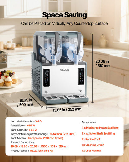 Slushie Machine, 4L/135oz x 2 Tank Slushy Machine for Home, No Ice Needed Frozen Drink Maker, Margarita Maker with Self-Cleaning, for Frozen Margaritas, Frappés, Milkshake & More