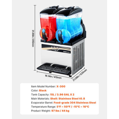 VEVOR Commercial Slushy Machine 15Lx2 Tank Margarita Smoothie Frozen Drink Maker