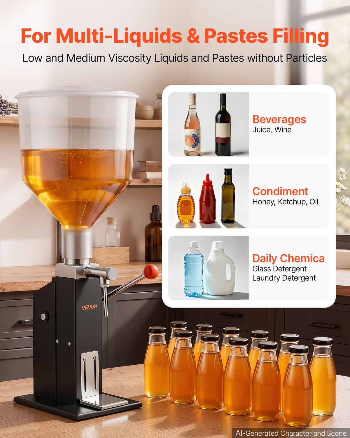 Manual Filling Machine, 10-120 ml, 12 L Hopper, Paste Liquid Filler, for Water, Honey, Oil, Shampoo and Lotion, Anti-Drip Nozzle, Adjustable Bottle Stand, Carbon Steel Body, Effort-Saving Handle