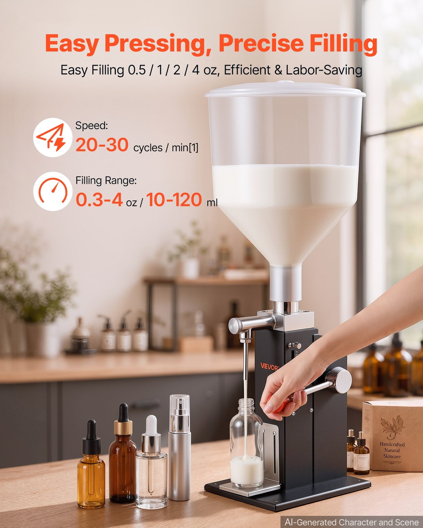 Manual Filling Machine, 10-120 ml, 12 L Hopper, Paste Liquid Filler, for Water, Honey, Oil, Shampoo and Lotion, Anti-Drip Nozzle, Adjustable Bottle Stand, Carbon Steel Body, Effort-Saving Handle