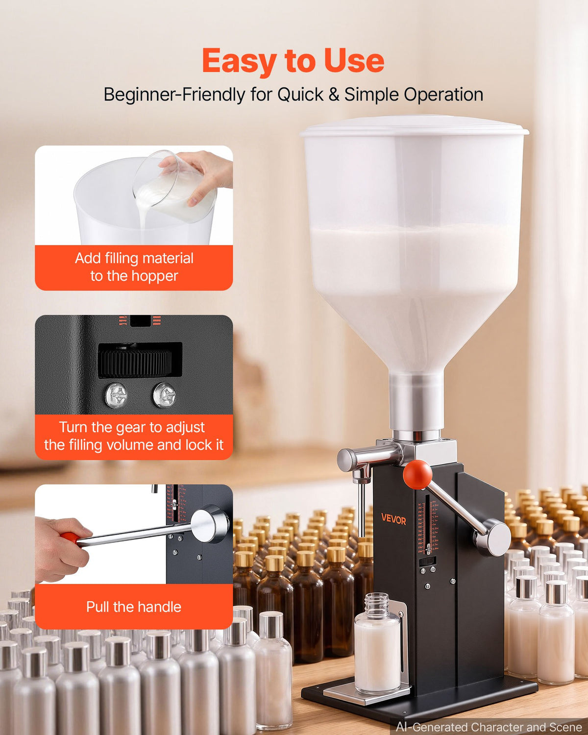 Manual Filling Machine, 10-120 ml, 12 L Hopper, Paste Liquid Filler, for Water, Honey, Oil, Shampoo and Lotion, Anti-Drip Nozzle, Adjustable Bottle Stand, Carbon Steel Body, Effort-Saving Handle